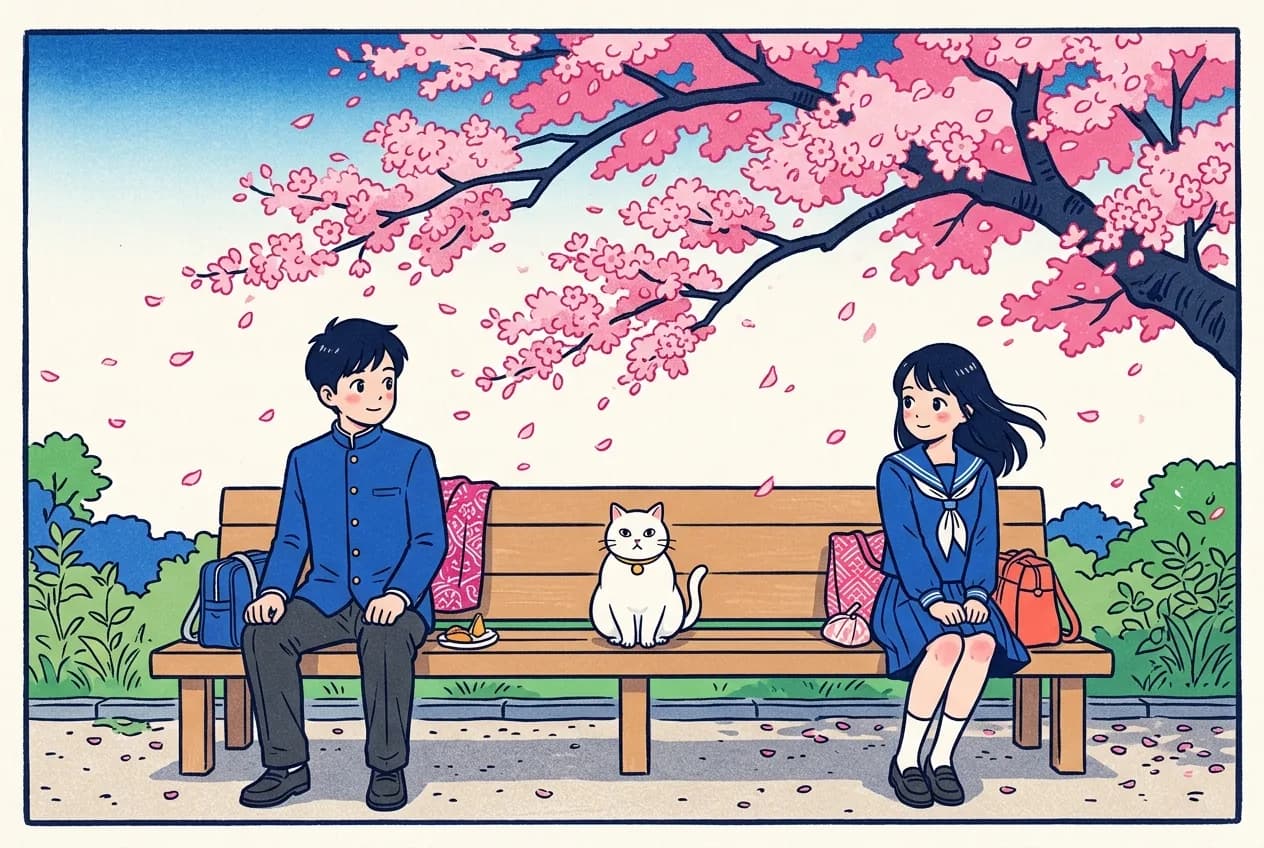 Ukiyo-e style illustration of two students sitting at opposite ends of a long bench under a blossoming cherry tree, a round white cat sitting exactly in the middle of the empty space between them