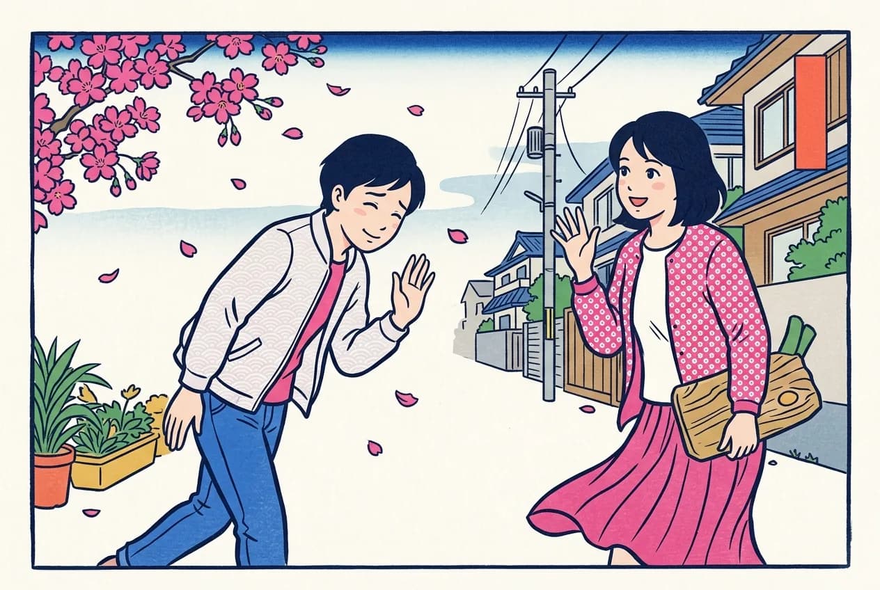 Ukiyo-e style illustration of a person politely declining with a small bow and raised hand while a friend smiles back