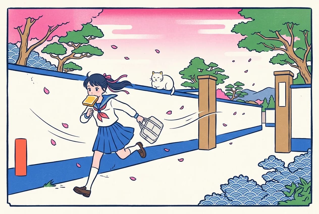 Ukiyo-e style illustration of a high-school girl sprinting along a walled lane toward a school gate with a slice of toast held in her mouth, a round white cat watching motionless from the top of the wall