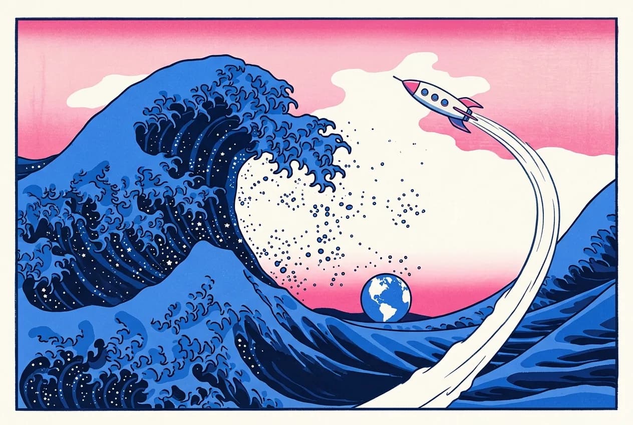 Ukiyo-e style illustration of a great cresting wave of star-filled nebula against a pink sky, a small unmarked rocket soaring upward on a sweeping arc of white exhaust, and the round Earth sitting small in the wave's hollow where Mount Fuji would be