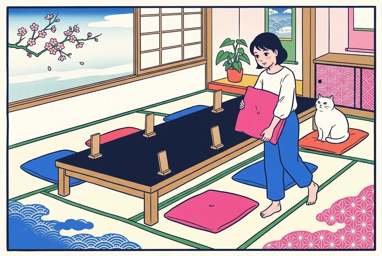 Ukiyo-e style illustration of a young woman carrying a floor cushion to rearrange seats along a low dinner table with small blank wooden name-tags at each place, while a round white cat sits composed on the one seat at the end of the table
