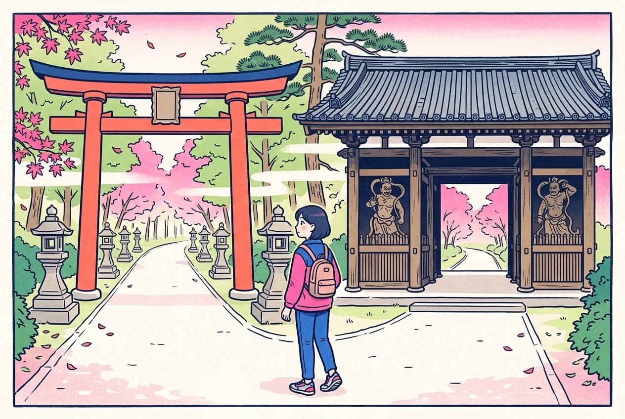 Ukiyo-e style illustration of a traveler at a forked path choosing between a vermilion torii gate and a roofed temple gate