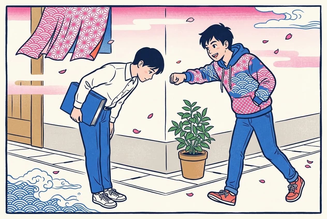 Ukiyo-e style illustration of a student holding a textbook and bowing deeply while a friend in a hoodie offers a casual fist bump