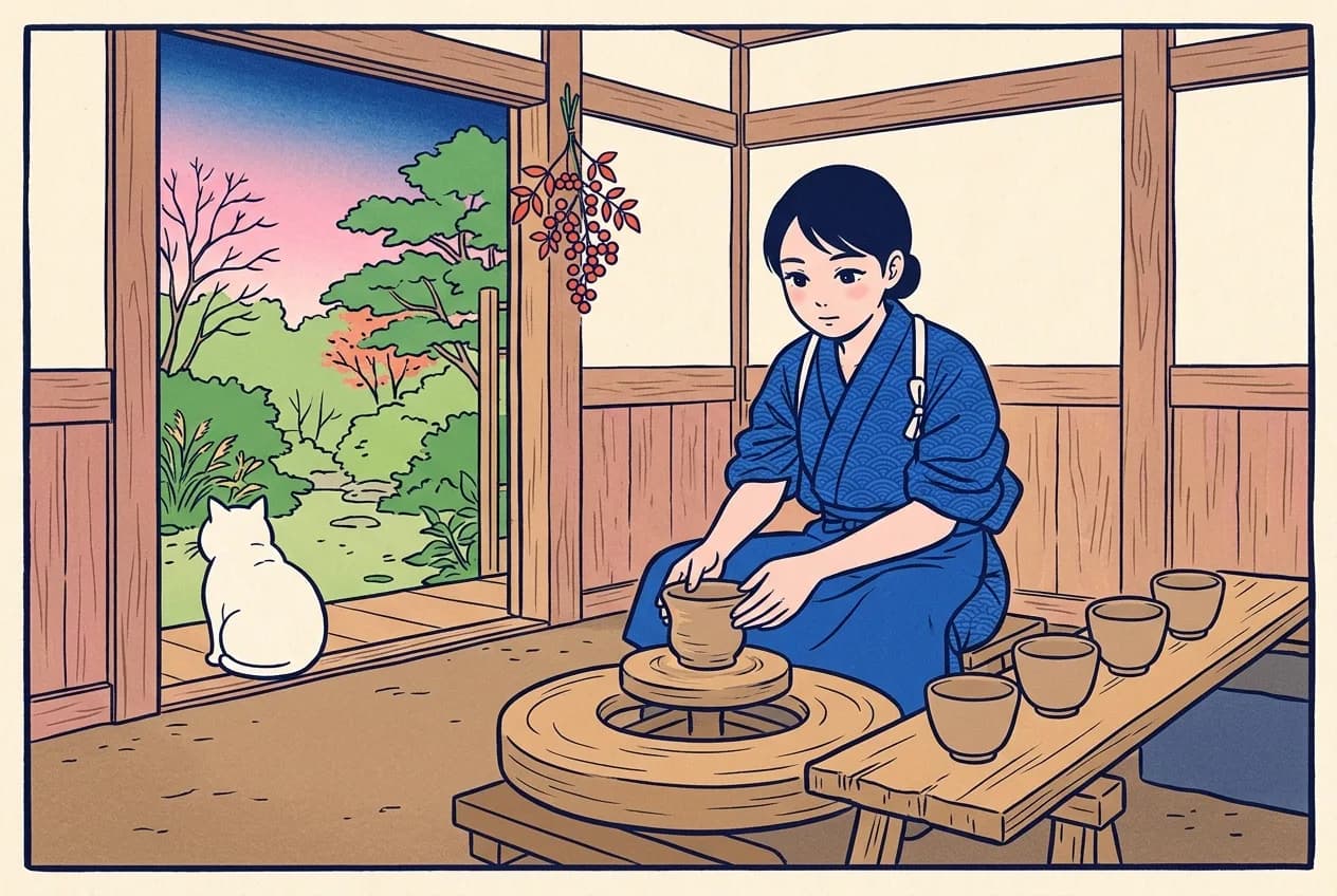 A woman in an indigo wave-pattern kimono shapes a teacup on a kick wheel, four matching cups dry on a board beside her, and a white cat sits on the veranda facing the garden under a hanging bunch of nandina berries.