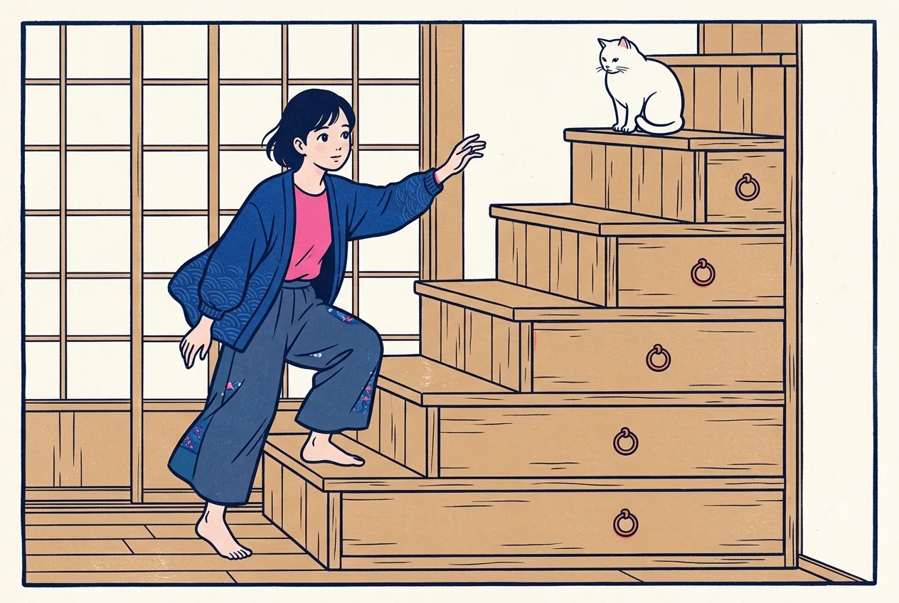 Ukiyo-e style illustration of a young woman stepping onto the bottom stair of a plain wooden step-chest against a shoji screen, reaching upward, while a round white cat sits on the top step looking down