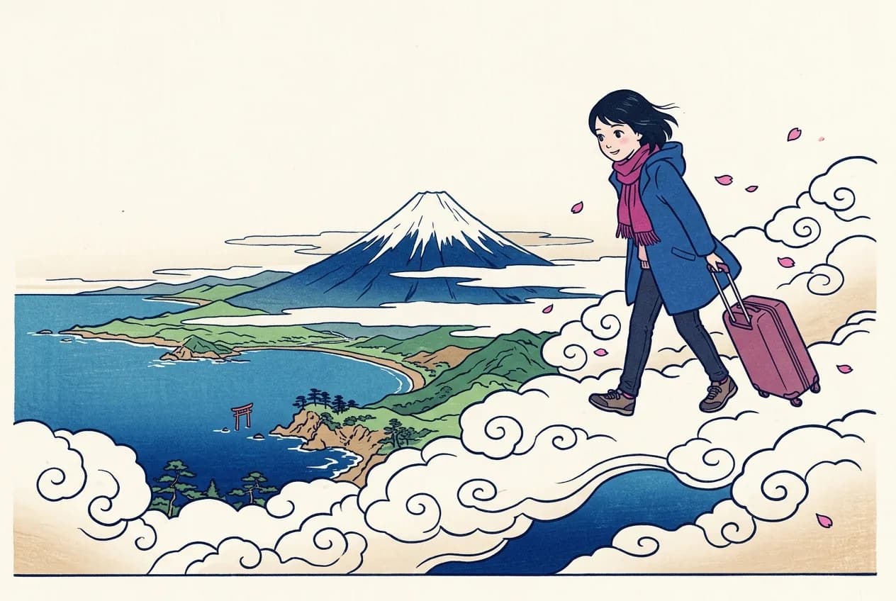 Ukiyo-e style illustration of a traveler pulling a suitcase walking along the top of a sea of clouds, gazing down at a bird's-eye view of a Japanese landscape with a snow-capped mountain and a tiny vermilion gate in a blue bay