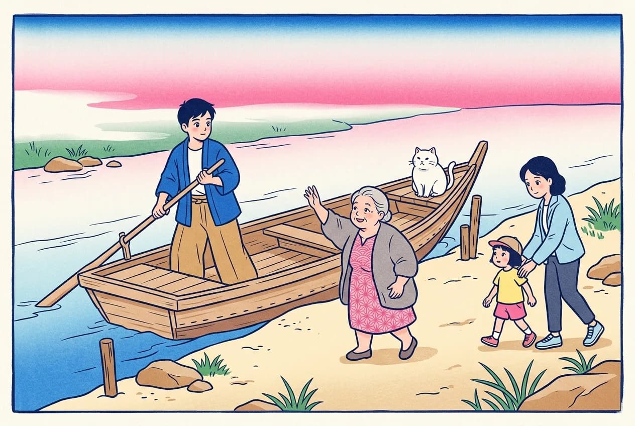 Ukiyo-e style illustration of a river ferry at a bank: a young man in the boat pushing off with the oar himself, an older woman on the bank beckoning a friend toward the boat, a small child being gently pushed toward the boat by a mother's hand on the back, and a round white cat sitting on the gunwale