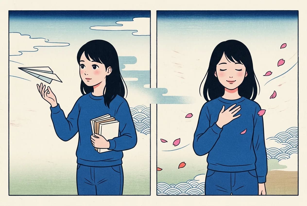 Ukiyo-e style two-panel illustration of the same woman catching a paper airplane and then smiling with her hand on her chest as understanding clicks