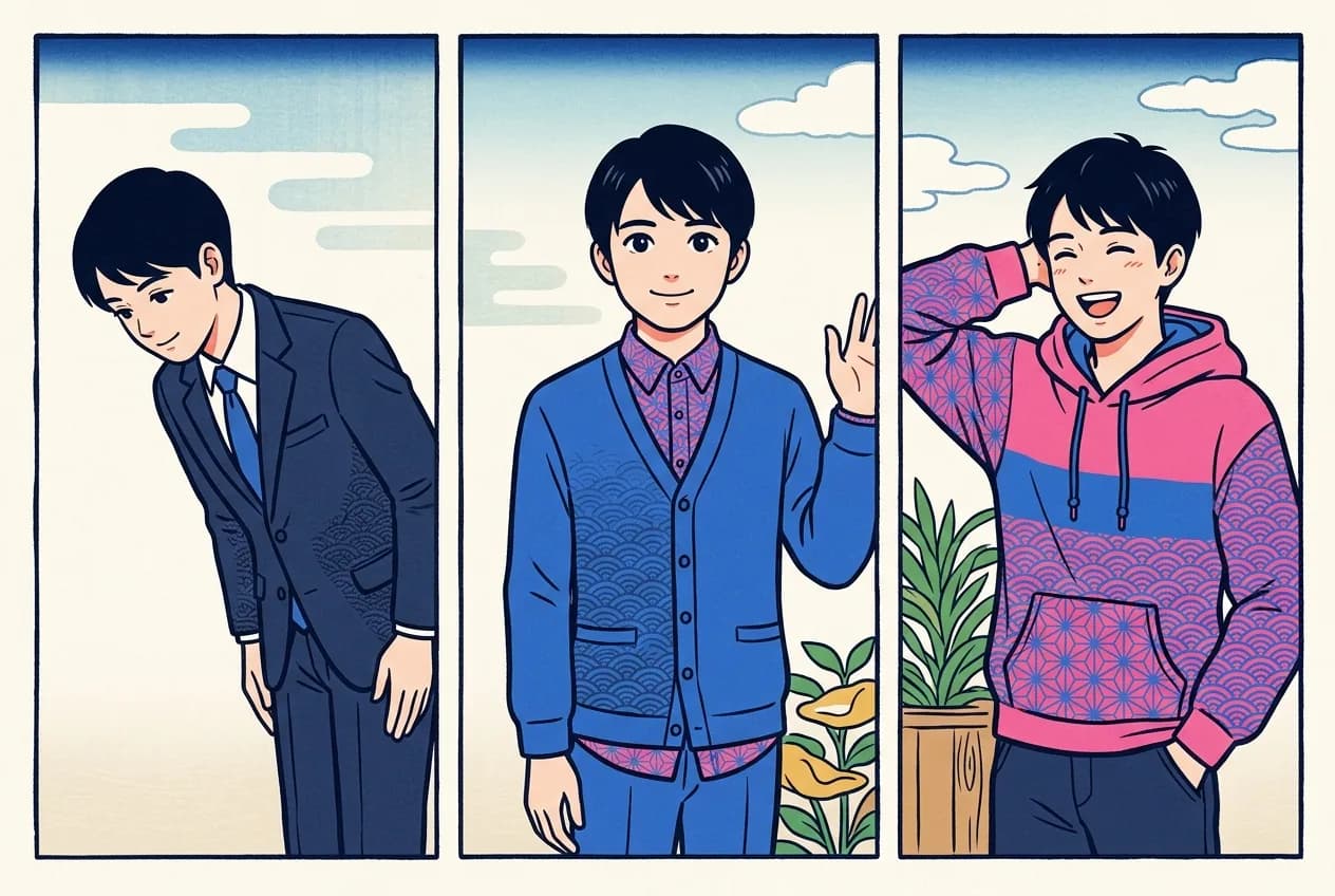 Ukiyo-e style triptych of the same young man in a suit bowing, in smart-casual clothes, and in a hoodie laughing