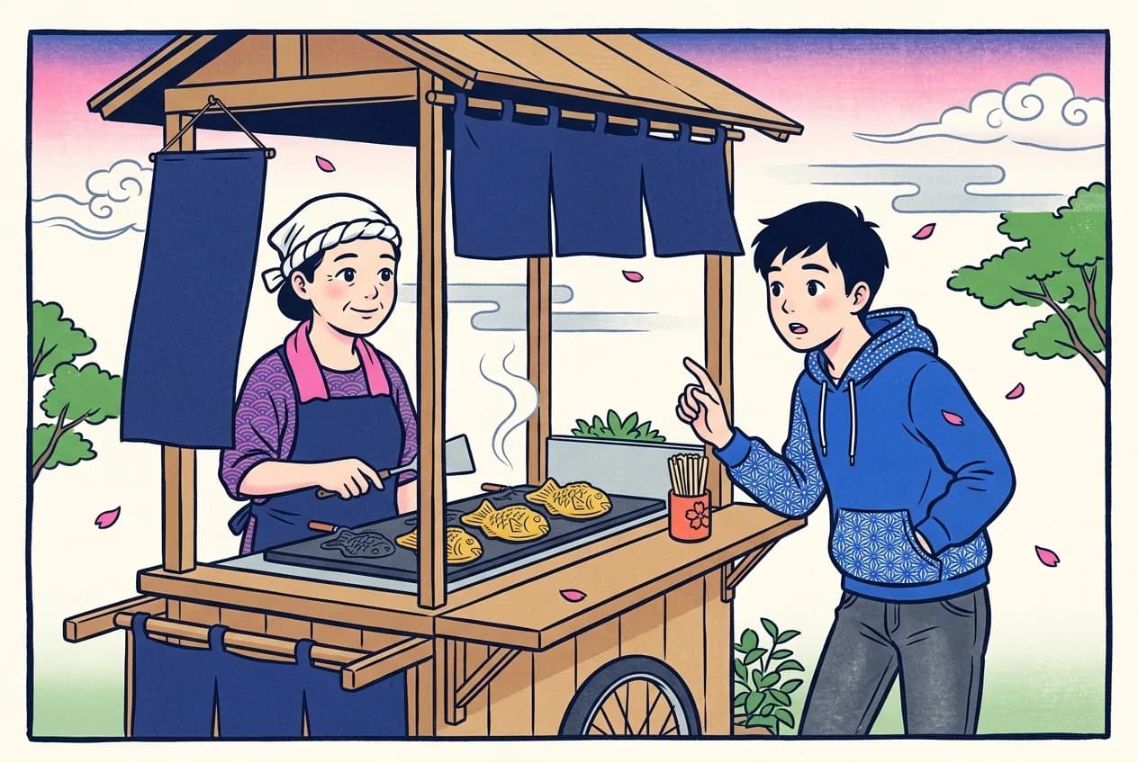 Ukiyo-e style illustration of a customer frozen mid-order at a taiyaki stall while the patient owner waits with a smile