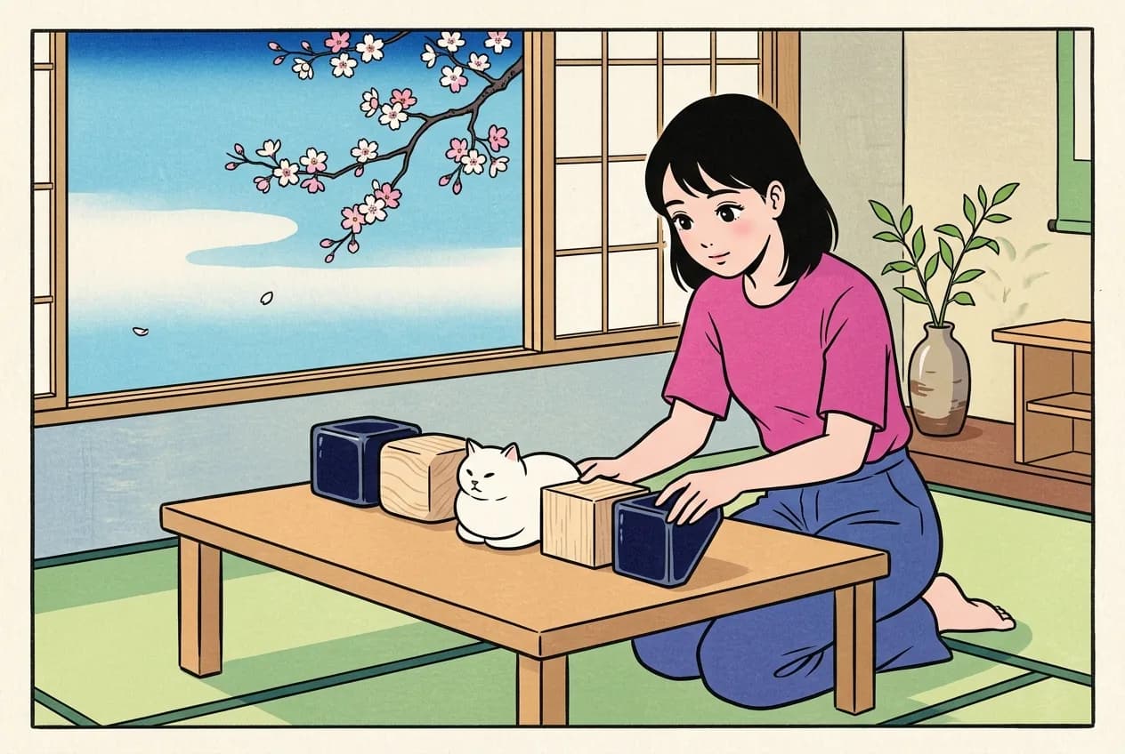 Ukiyo-e style illustration of a young woman kneeling at a low table arranging a row of blank blocks of different shapes, placing the last dark block in line, with a round white cat sitting in the gap left in the row