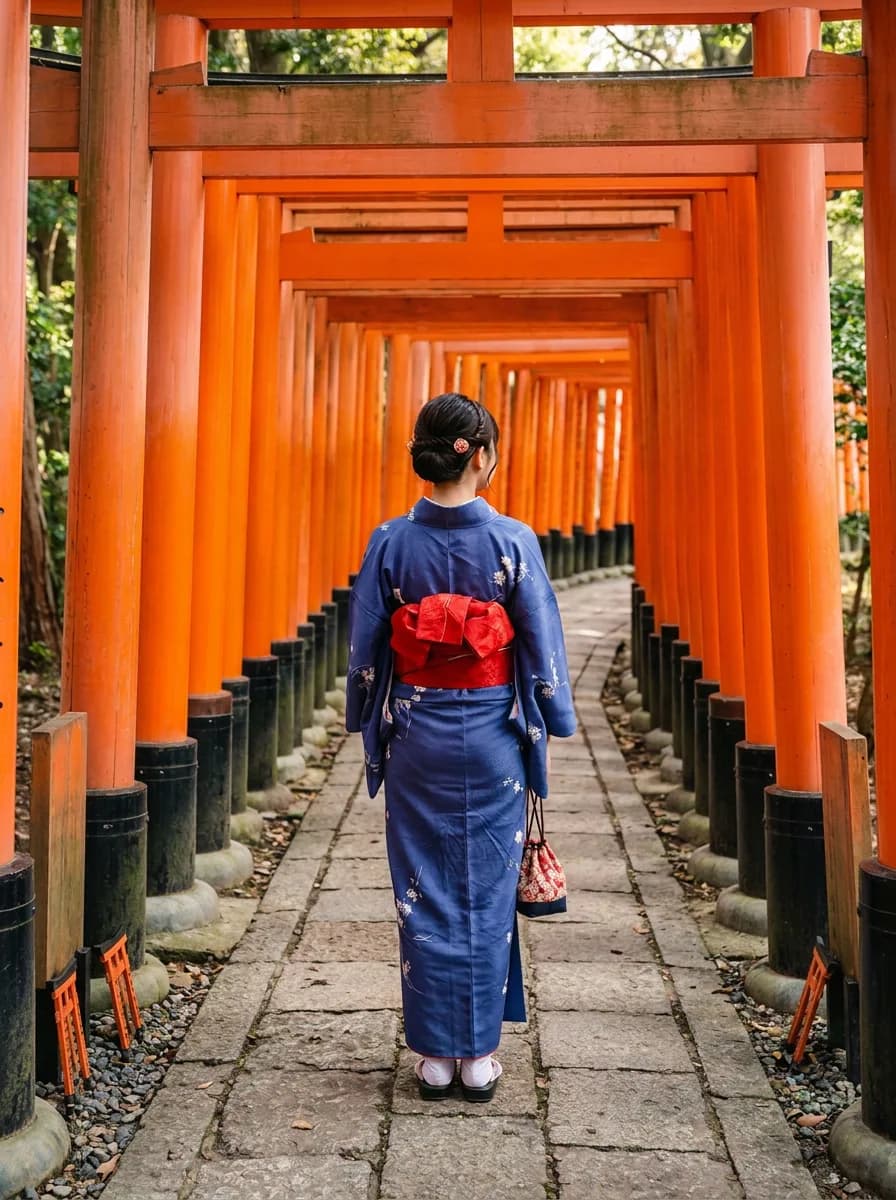 A woman in an indigo kimono with a red obi, seen from behind, standing in the tunnel of vermilion torii gates at Fushimi Inari in Kyoto