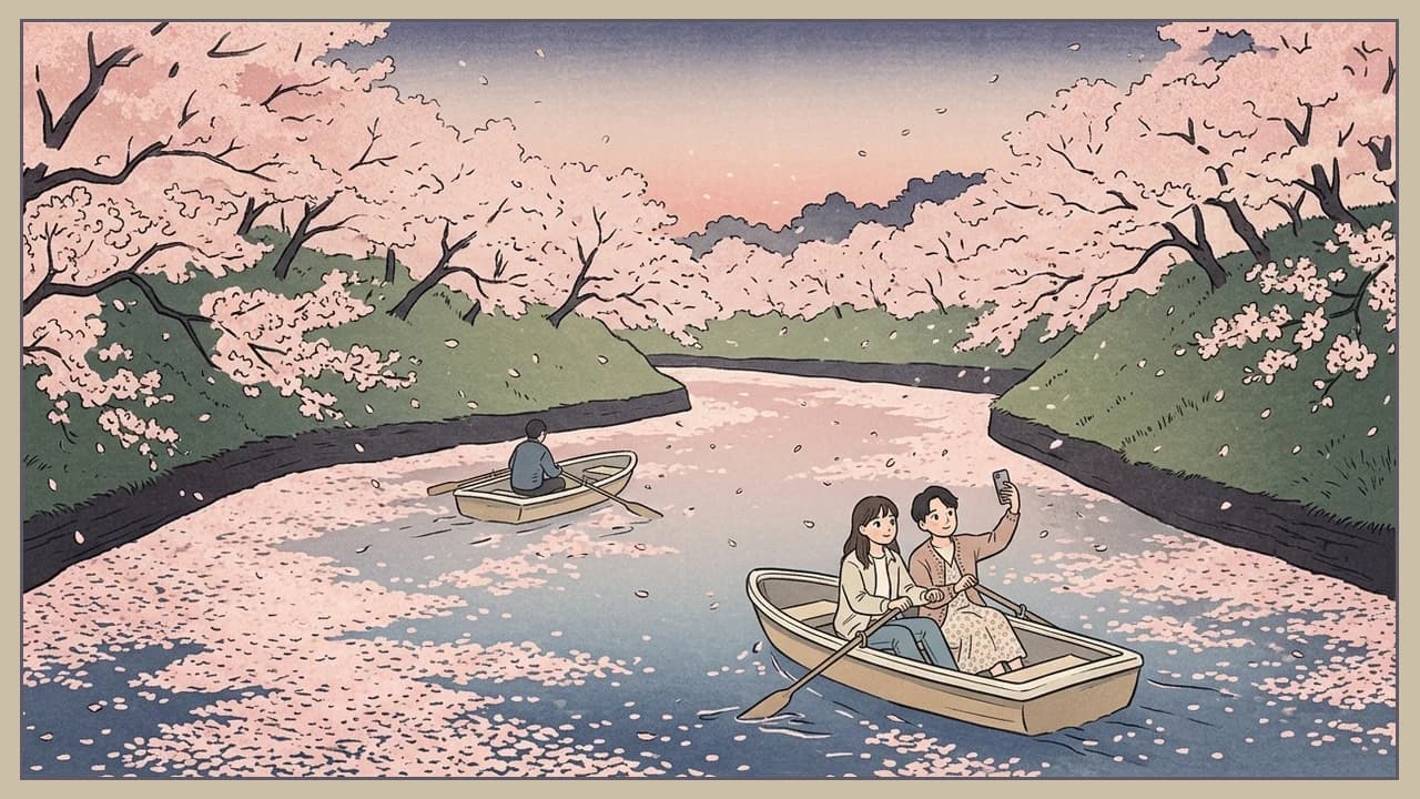 Ukiyo-e style dusk scene of rowboats drifting through rafts of cherry petals on the Chidorigafuchi moat