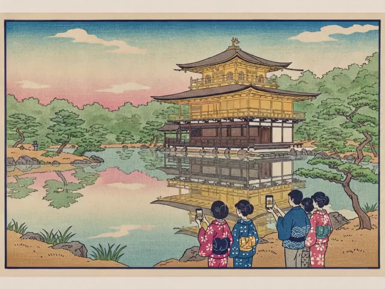 Ukiyo-e style illustration: visitors in kimono raise their phones to photograph Kinkaku-ji, the Golden Pavilion, reflected in its pond