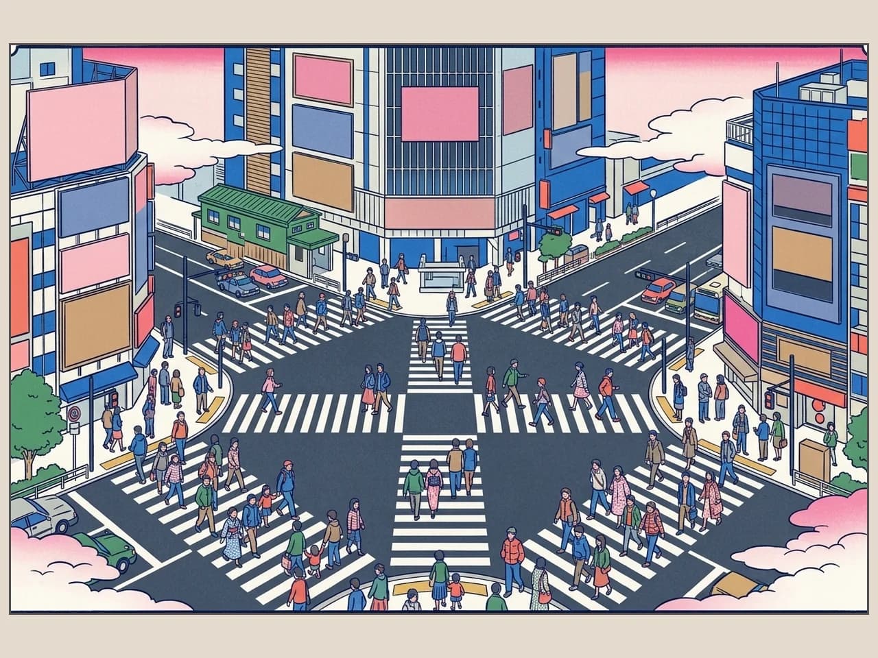 Ukiyo-e style bird's-eye view of crowds crossing the Shibuya scramble intersection surrounded by billboard buildings