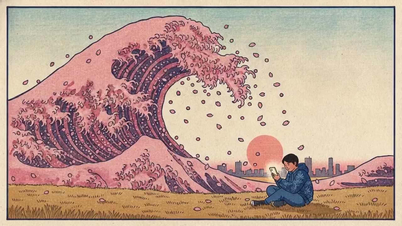 Ukiyo-e style illustration after Hokusai's Great Wave: a giant wave made entirely of pink cherry blossom petals curls over a student studying on a phone at sunset