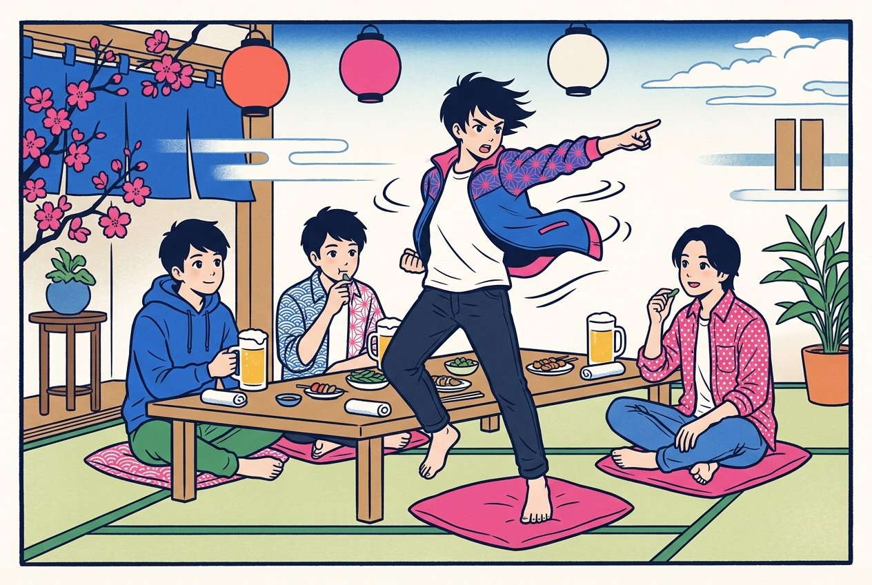 Ukiyo-e style illustration of a young man standing barefoot on his floor cushion striking a dramatic heroic pose in an izakaya tatami room while his friends calmly keep eating