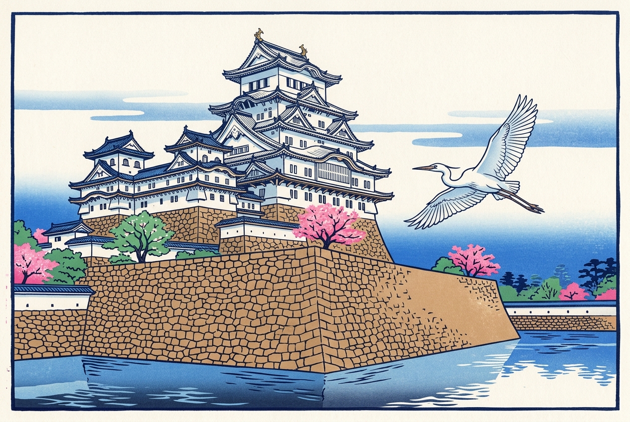 Ukiyo-e style illustration of a white heron flying past a brilliant white castle keep above its moat and fan-curved stone walls