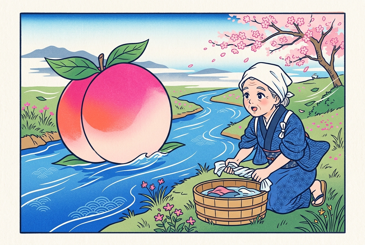 Ukiyo-e style illustration of an astonished old woman doing laundry as a giant peach floats down the river toward her