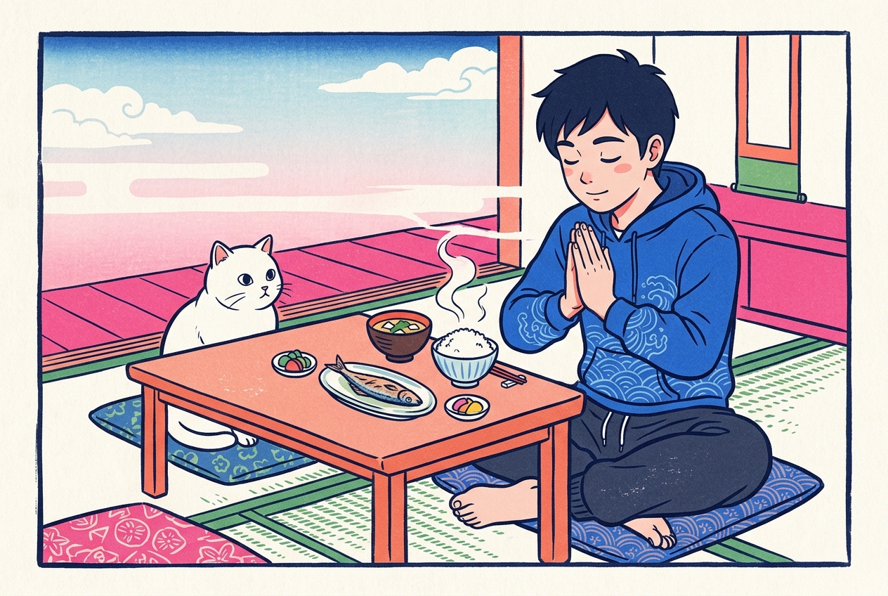 Ukiyo-e style illustration of a man with hands pressed together saying itadakimasu before an untouched meal, a white cat waiting across the table