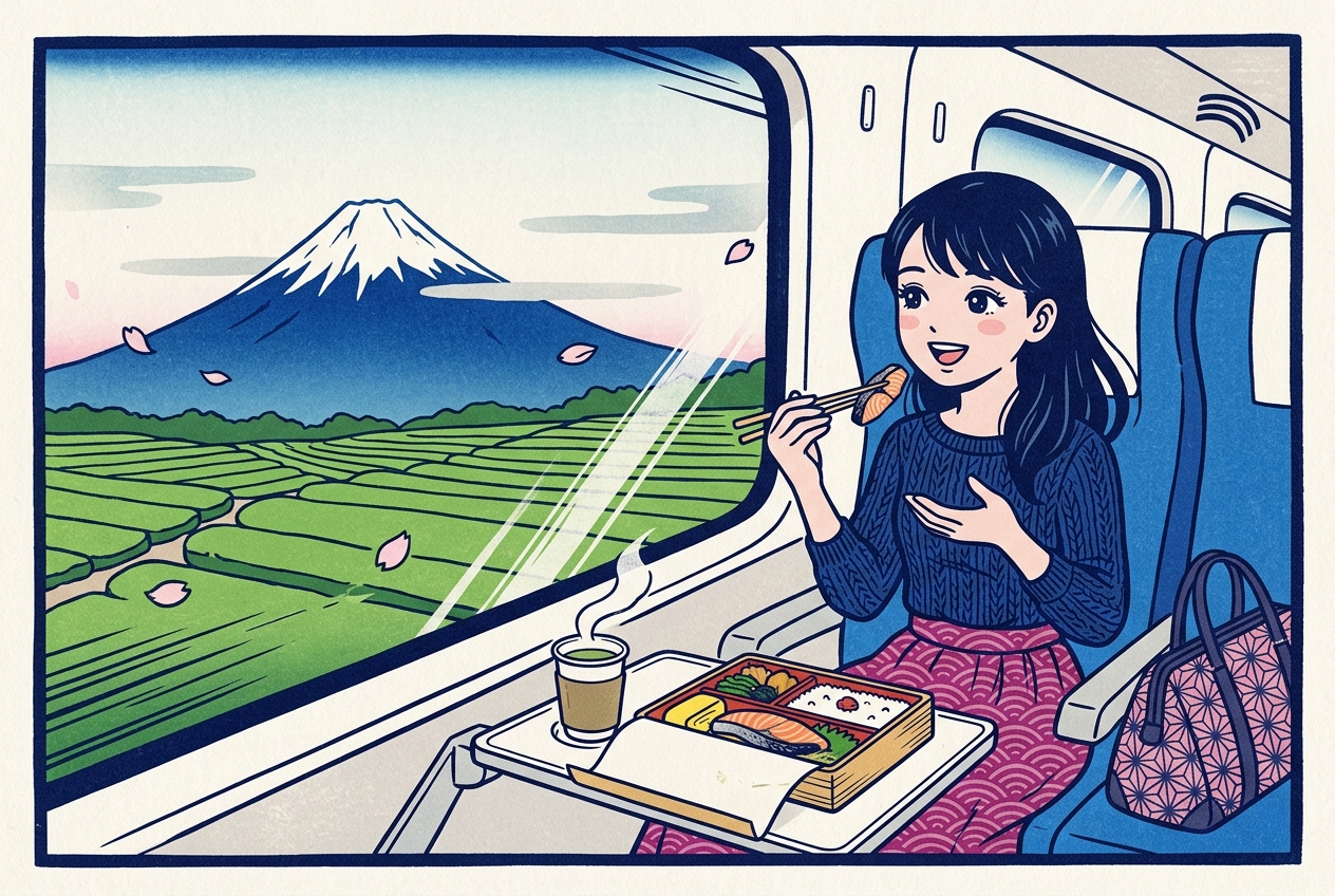 Ukiyo-e style illustration of a traveler eating a station bento by the window of a bullet train as Mount Fuji glides past