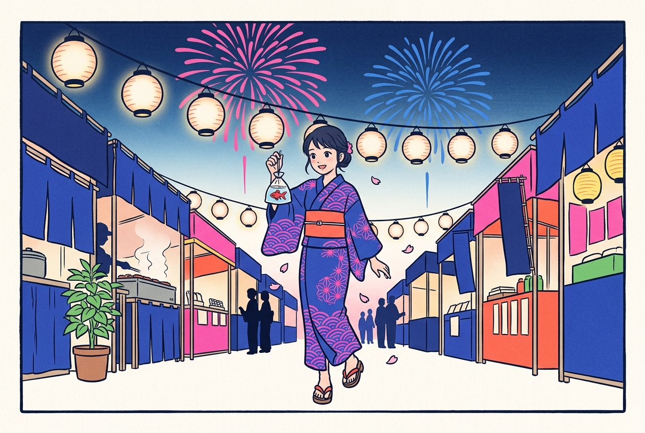 Ukiyo-e style illustration of a woman in a yukata carrying a goldfish bag through a lantern-lit summer festival as fireworks bloom overhead