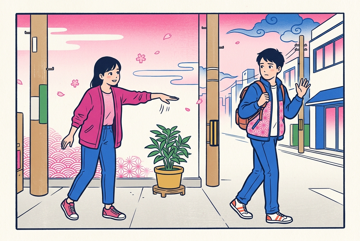 Ukiyo-e style illustration of a woman beckoning palm-down while her confused friend misreads it and turns away waving goodbye