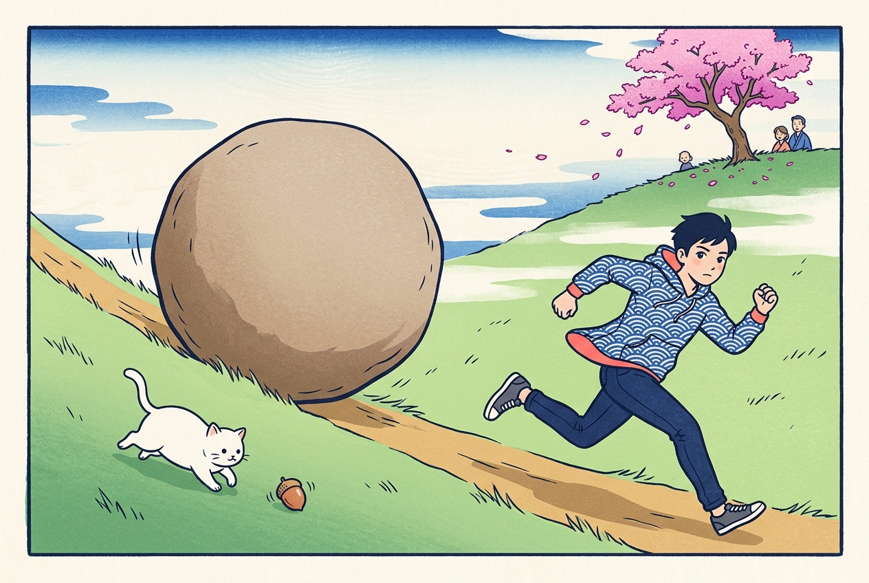 Ukiyo-e style illustration of a tiny acorn and a giant boulder rolling down a hill while a man runs ahead and a cat watches