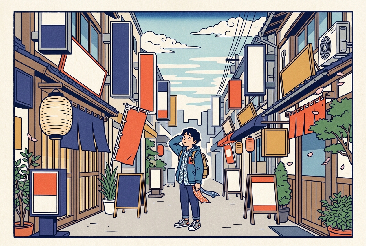Ukiyo-e style illustration of a traveler gazing up at a Japanese shopping street full of completely blank signboards, lanterns and banners