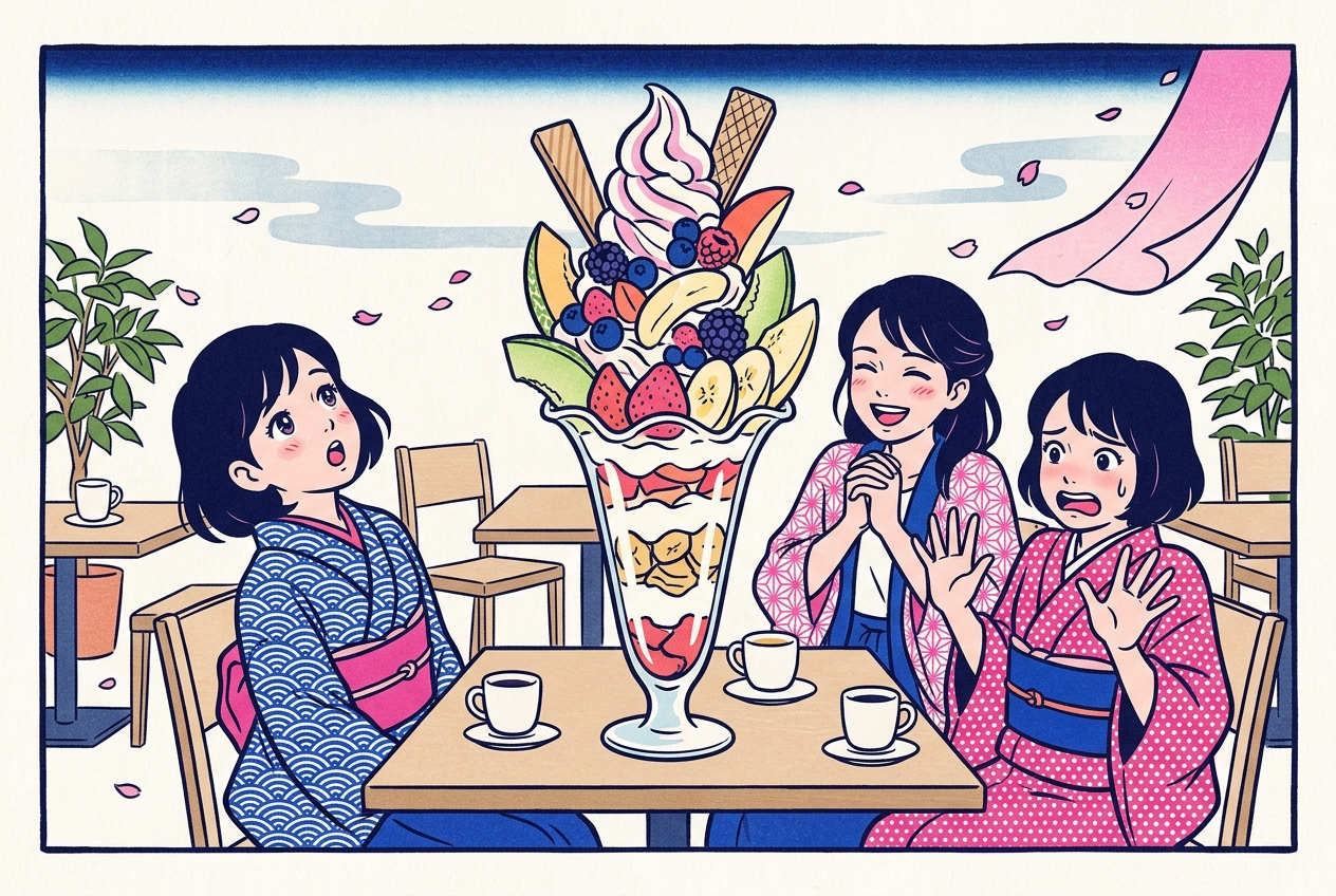 Ukiyo-e style illustration of three friends reacting to a giant parfait with awe, laughter and mock horror