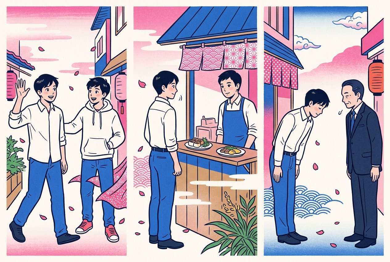 Ukiyo-e style triptych of the same young man waving to a friend, nodding politely to a shop clerk, and bowing deeply to his boss