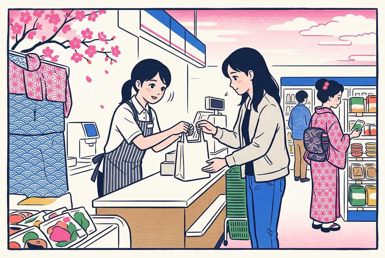Ukiyo-e style illustration of a convenience store clerk handing a bag to a customer at the counter with a small bow