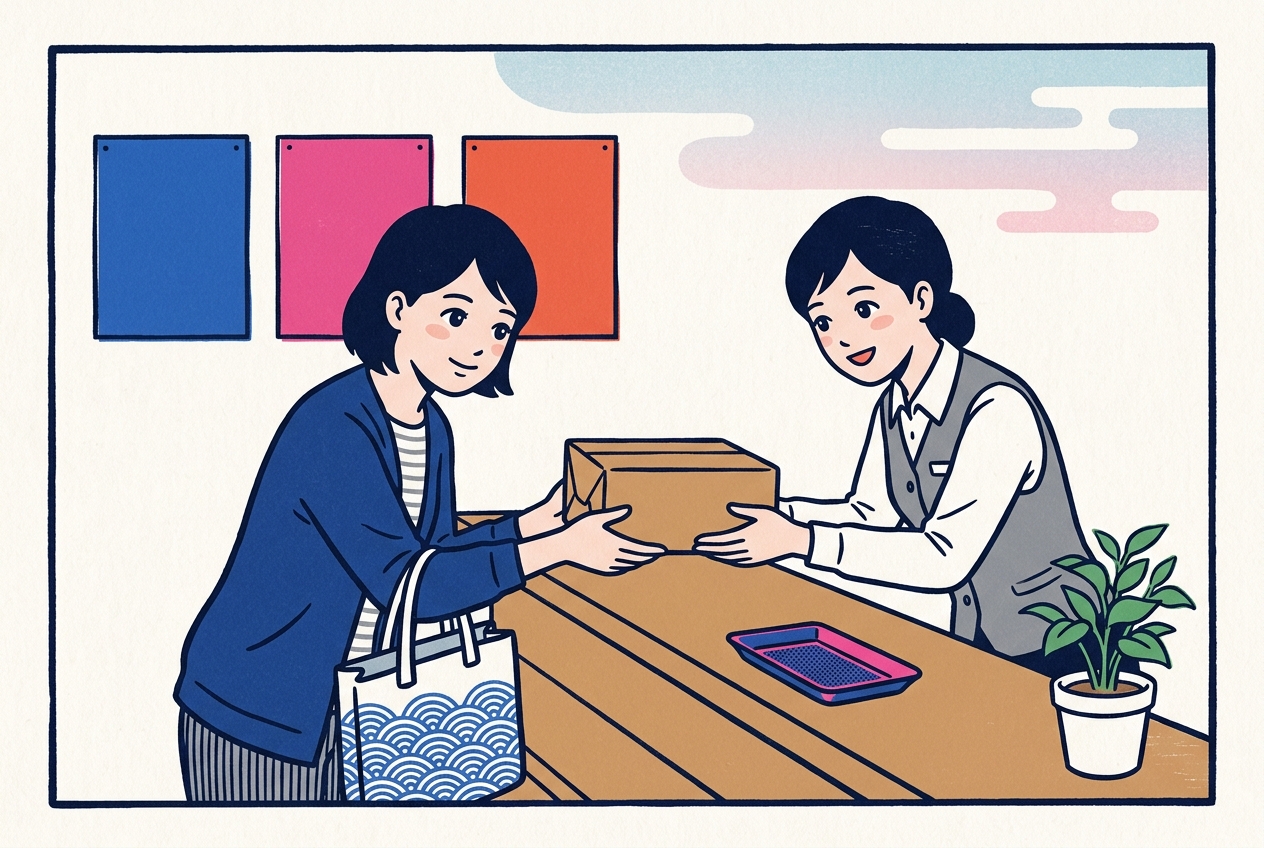 Ukiyo-e style illustration of a customer handing a parcel with both hands to a clerk at a counter, both giving a small bow