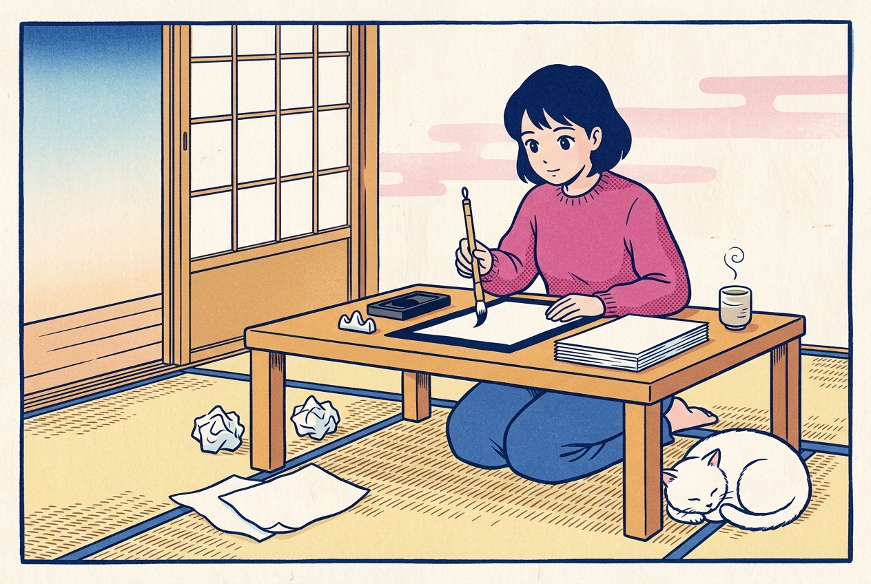 Ukiyo-e style illustration of a young woman kneeling at a low desk with a calligraphy brush poised over a blank sheet, a white cat asleep beside her