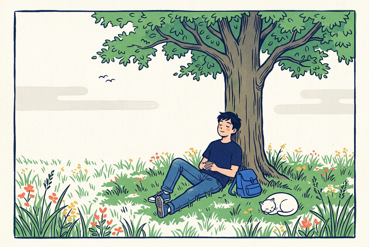 Ukiyo-e style illustration of a young man resting against a large tree in a meadow with a white cat asleep at his feet