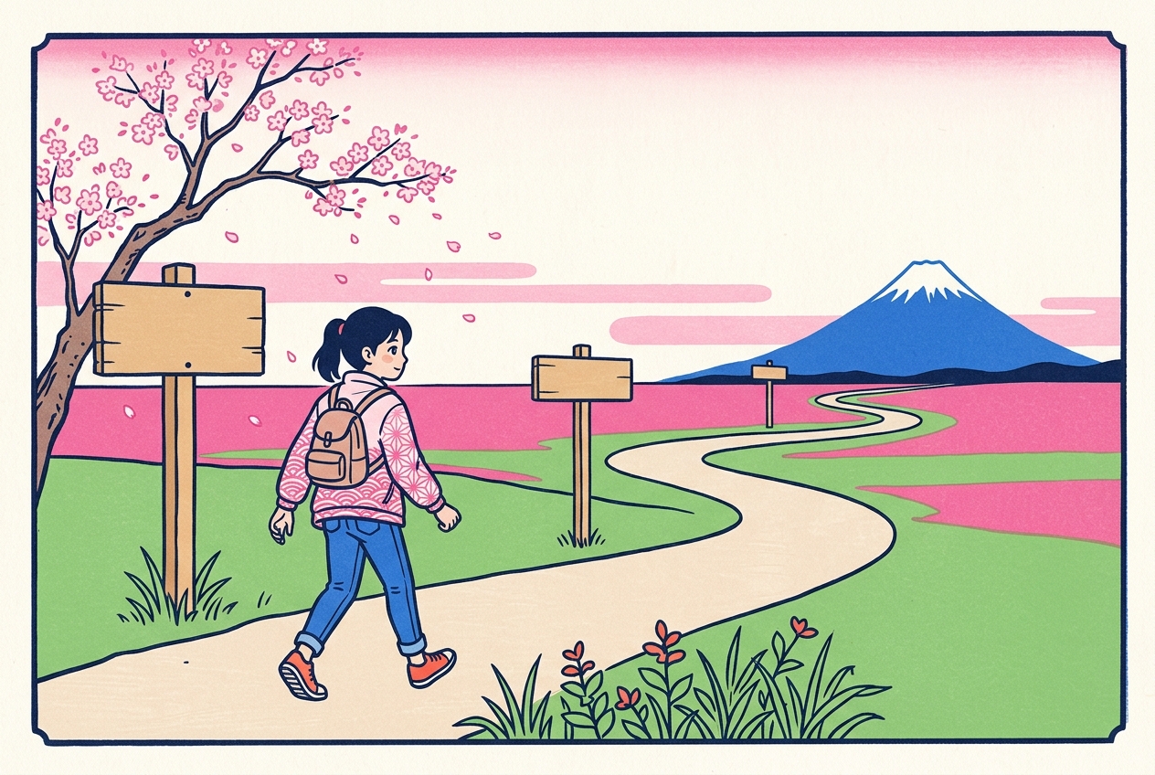Ukiyo-e style illustration of a traveler passing the first blank waypost on a long winding road toward a distant Mount Fuji