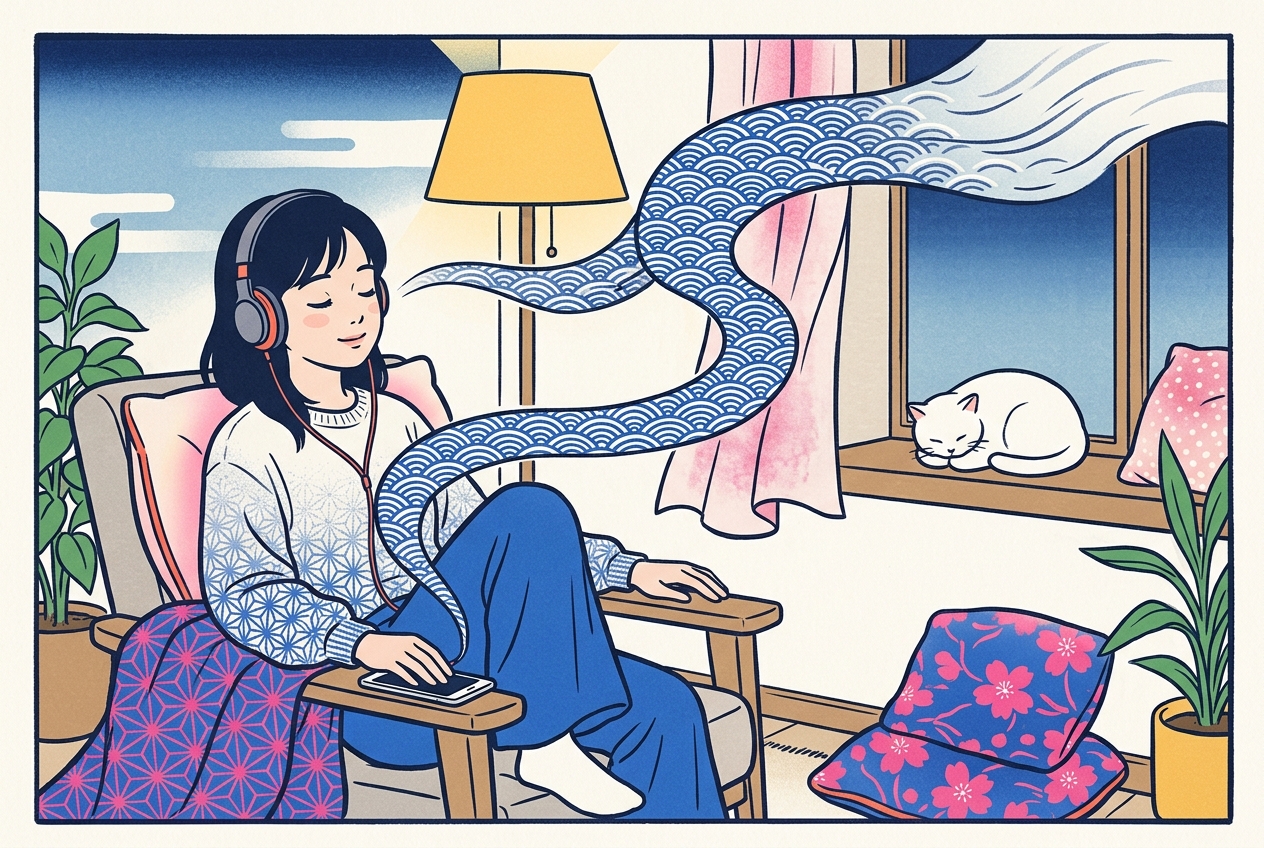 Ukiyo-e style illustration of a woman listening with closed eyes as a ribbon of wave patterns flows from her phone to her headphones