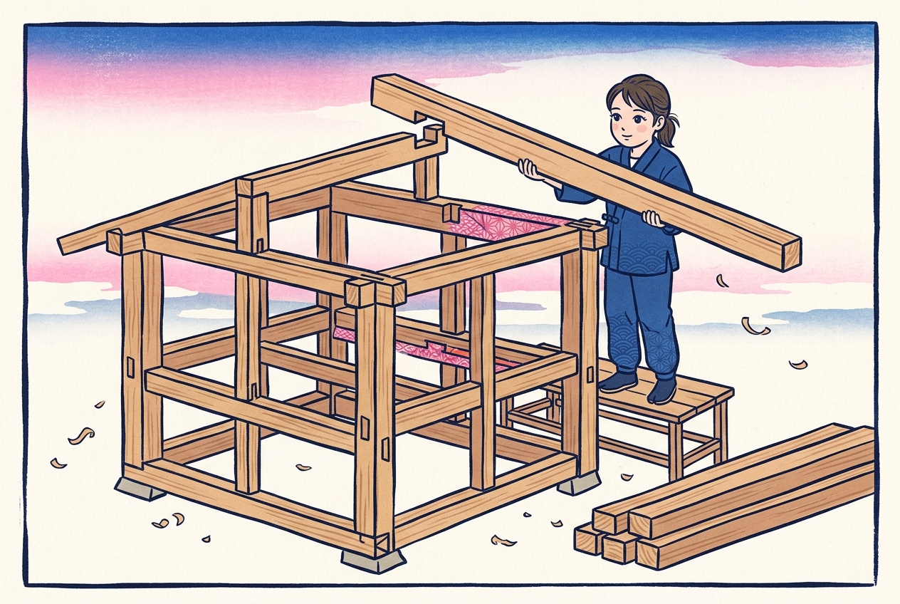 Ukiyo-e style illustration of a craftswoman on a step stool lowering the last roof beam onto a half-built timber frame joined without nails