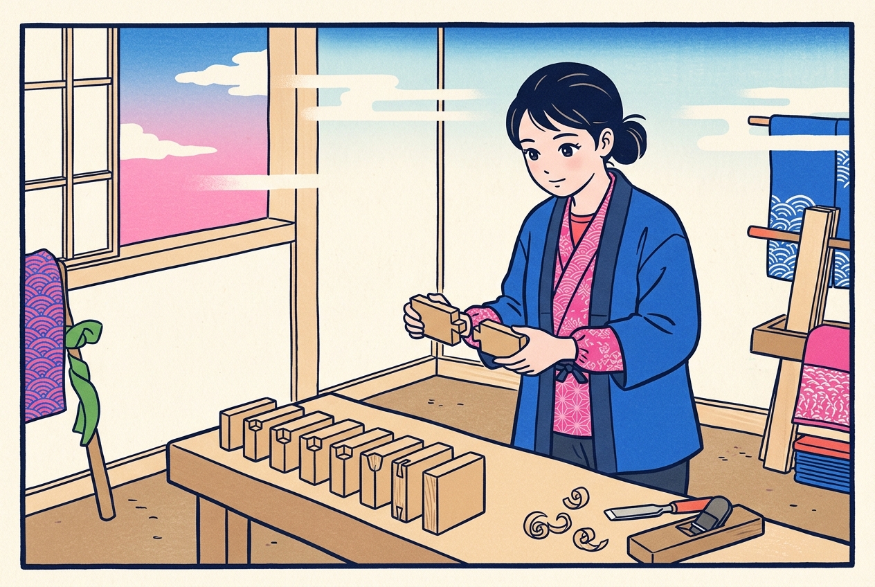 Ukiyo-e style illustration of a craftswoman fitting two interlocking wooden joints together, with more joint pieces lined up in order on the workbench