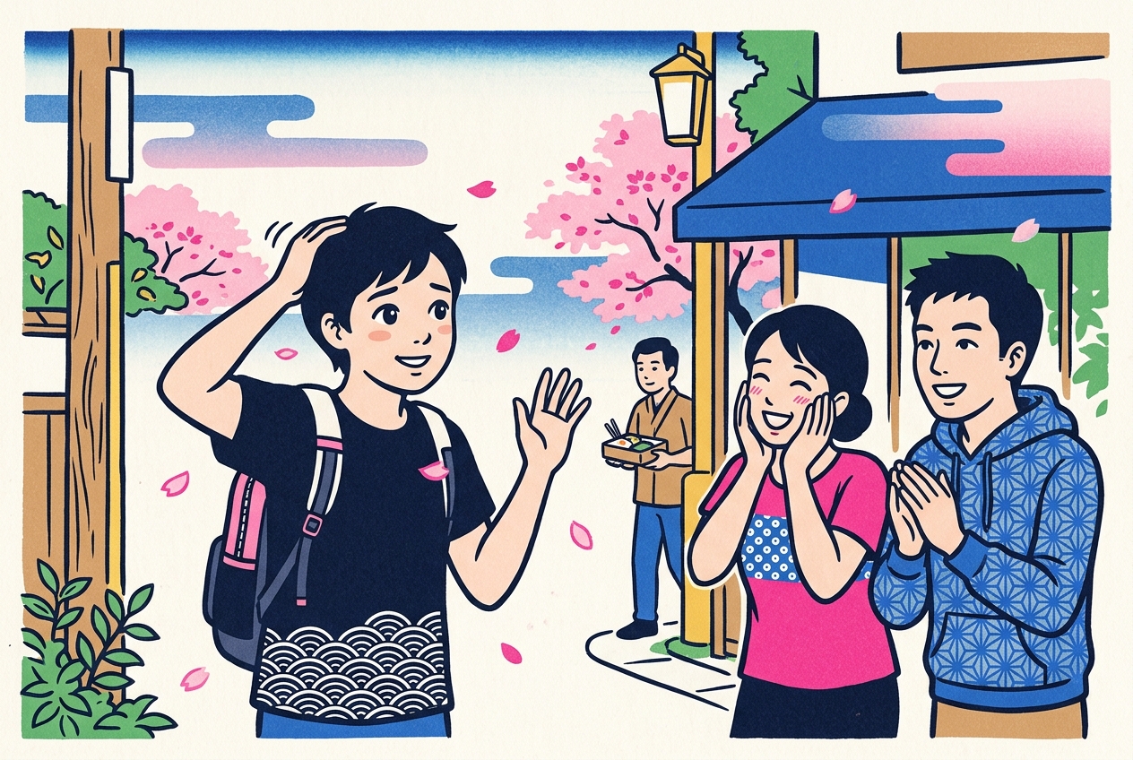 Ukiyo-e style illustration of two locals delightedly praising a bashful traveler who has just said one word of Japanese