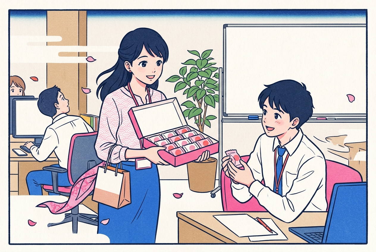 Ukiyo-e style illustration of a woman handing individually wrapped sweets from a souvenir box to delighted coworkers around an office