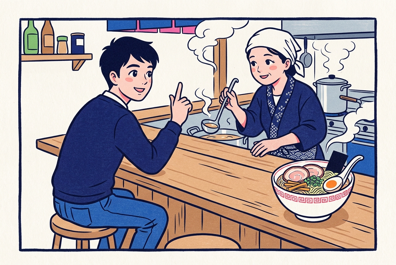 Ukiyo-e style illustration of a customer raising one finger to order from the smiling ramen shop owner across the counter, with a steaming bowl of ramen on the pass