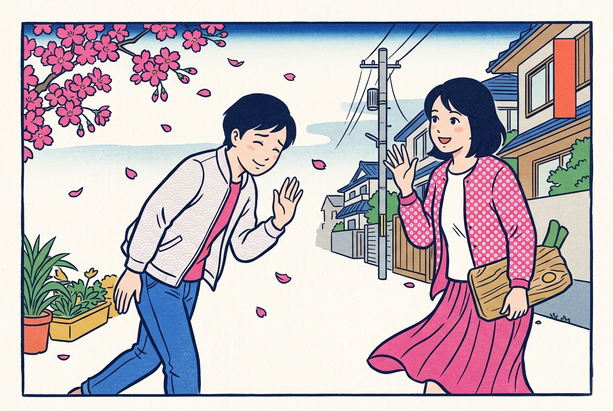 Ukiyo-e style illustration of a person politely declining with a small bow and raised hand while a friend smiles back