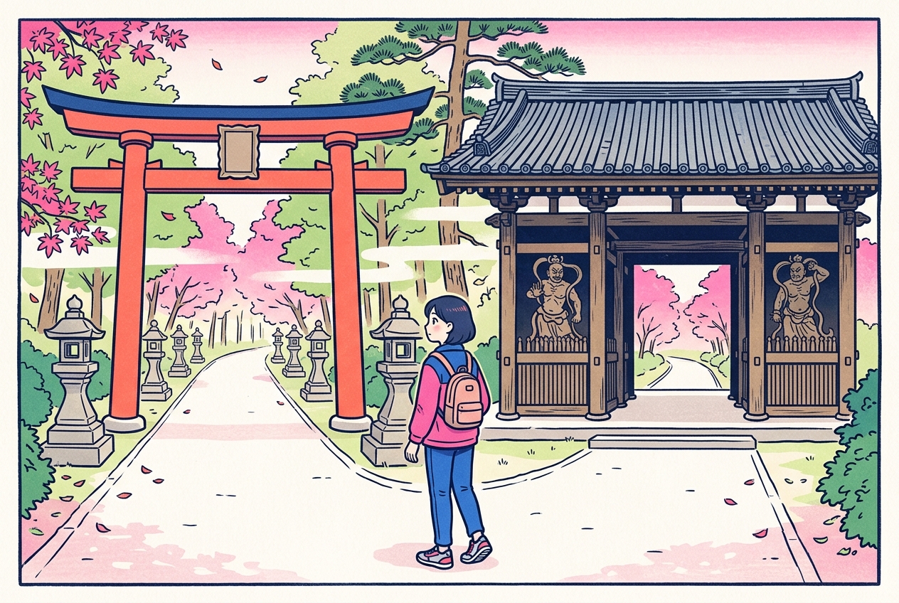 Ukiyo-e style illustration of a traveler at a forked path choosing between a vermilion torii gate and a roofed temple gate