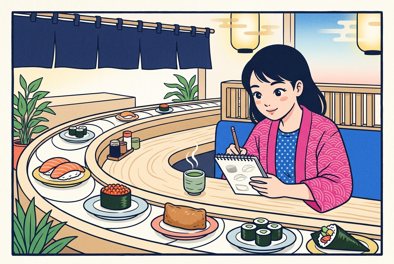 Ukiyo-e style illustration of a woman sketching the different sushi shapes riding past on a conveyor belt