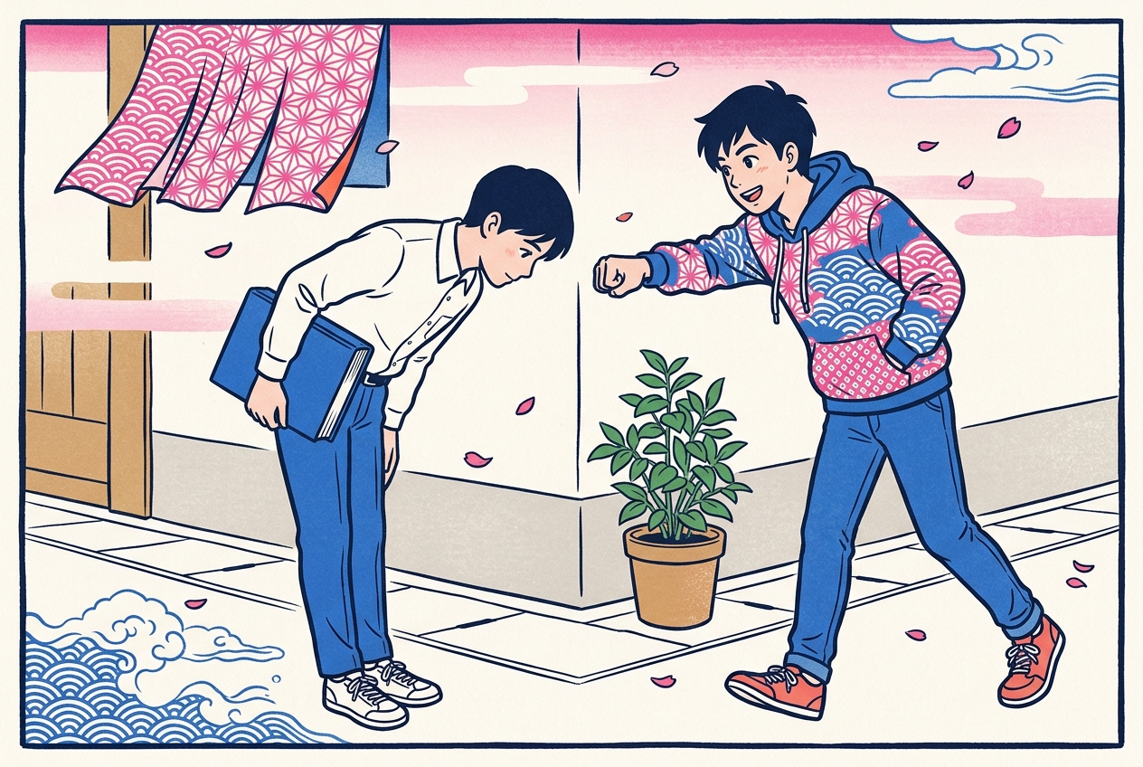 Ukiyo-e style illustration of a student holding a textbook and bowing deeply while a friend in a hoodie offers a casual fist bump