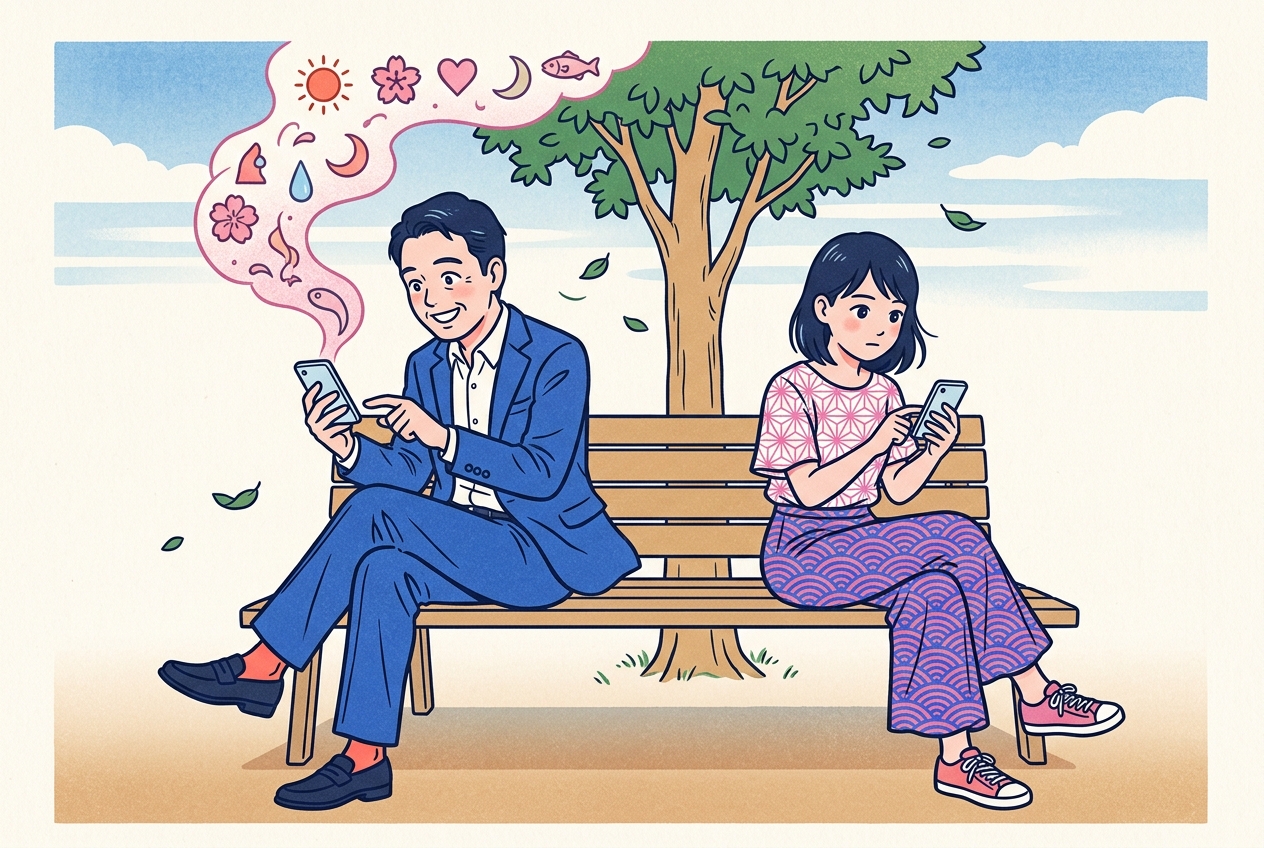 Ukiyo-e style illustration of a delighted older man typing with one finger as ornate motifs rise from his phone, beside a calm young woman thumb-typing with nothing above hers