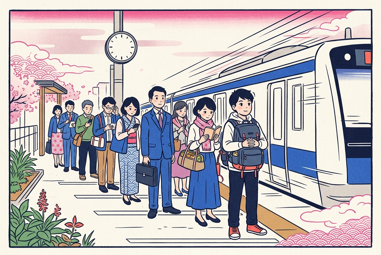 Ukiyo-e style illustration of commuters waiting in perfectly neat lines on a platform, one traveler wearing his backpack on his front, as a train slides in