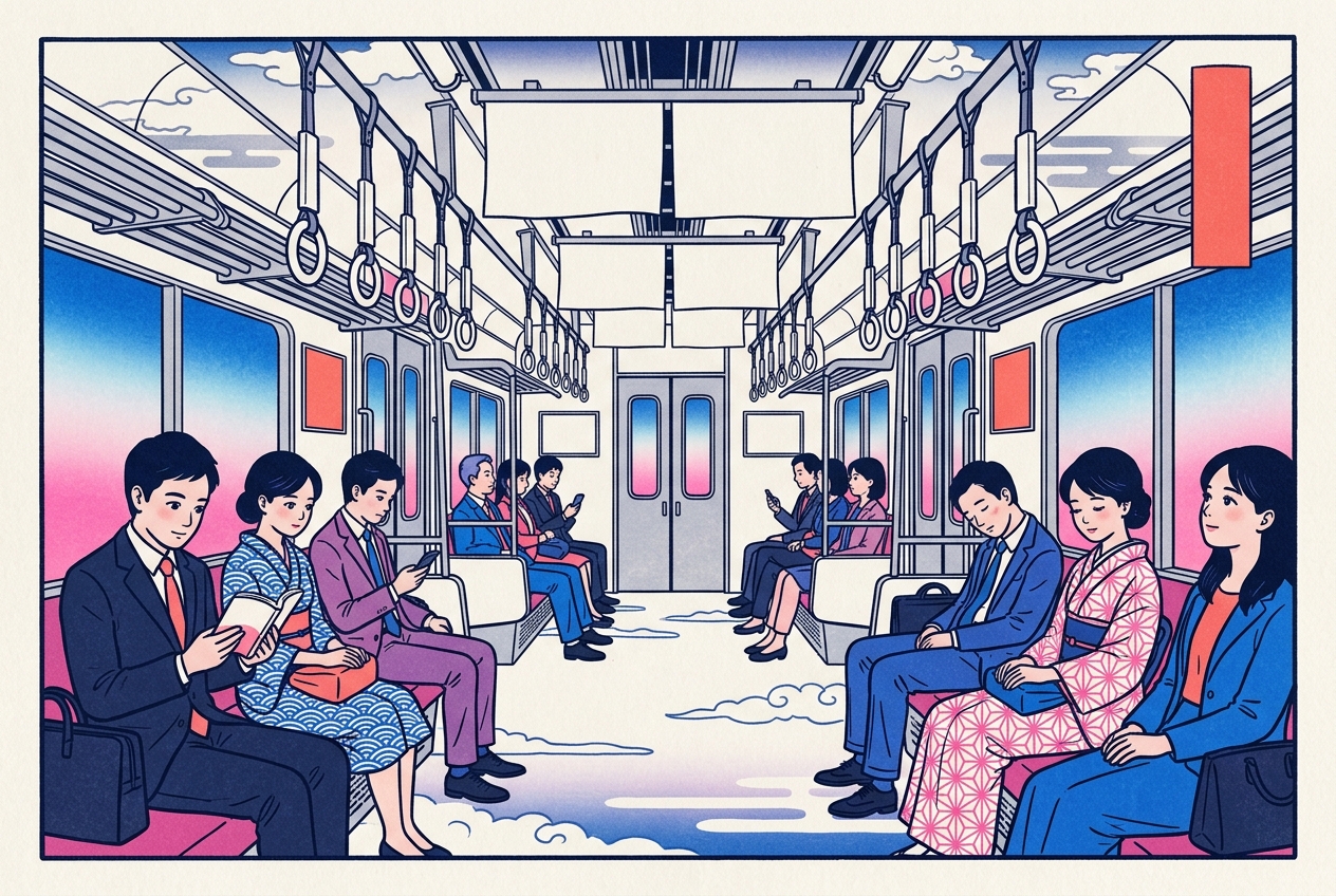 Ukiyo-e style illustration of a quiet Japanese commuter train interior with silent passengers and rows of hanging straps