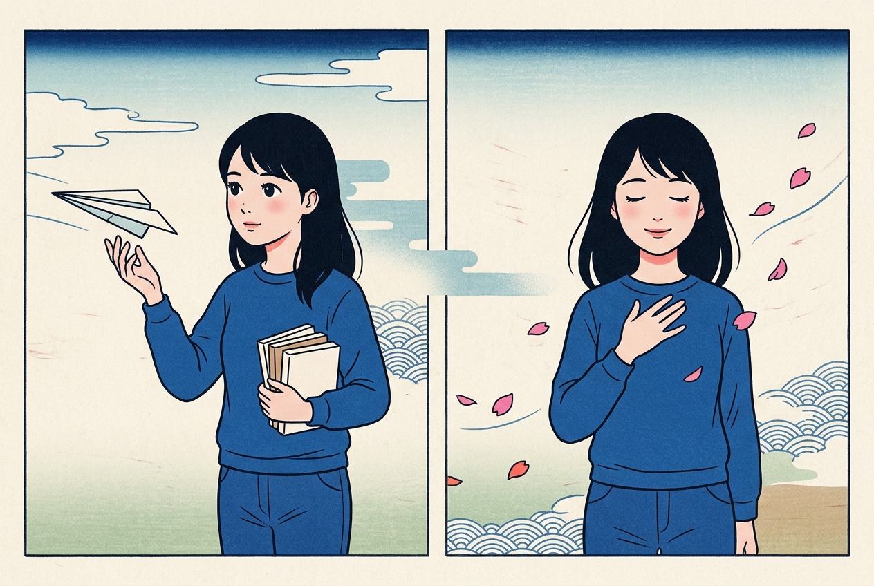Ukiyo-e style two-panel illustration of the same woman catching a paper airplane and then smiling with her hand on her chest as understanding clicks
